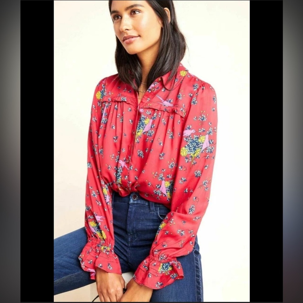 Anthropologie Maeve Fredericka Bird Floral Top Red Sz 0 Cottagecore Grandmacore